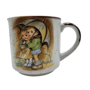 Vintage Hummel Coffee Cup Mug Speckled Brown Children Umbrella Stoneware Japan